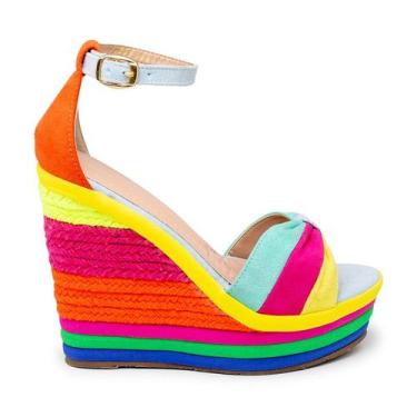 Imagem de Sandalia Salto Anabela Feminina 13 Cm Colorida Com Fivela - Flor da Pe