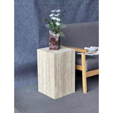 Imagem de Mesa lateral de mármore luxuosa, mesa de canto quadrada para sofá e cama modernos, sala de estar, sofá, quarto (travertino)