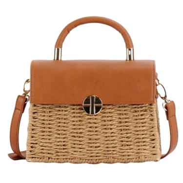 Imagem de Bolsa feminina de palha tecida à mão em vime, bolsa de palha de tecido de praia, bolsa quadrada, bolsa tiracolo Boho Basket, Caqui, Free, Retrô