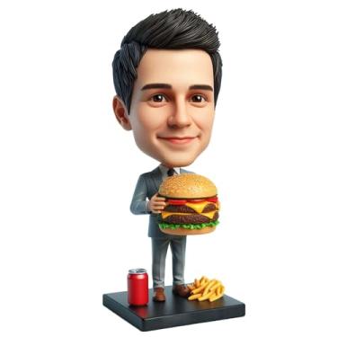Imagem de Burger Enthusiast Bobblehead com hambúrguer na mão personalizado para festas de churrasco dias de jogo e fãs de junk food presente saudável para pais, maridos e homens que saboreiam cada mordida de
