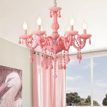 Imagem de Vela De Cristal Contemporânea Lâmpada Pendente Sala De Estar De Luxo Europeu Restaurante Quarto Quarto Infantil Quarto De Menina Villa Loja De Roupas Salão De Beleza Lustre, A 6 Lights