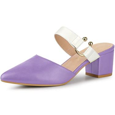 Imagem de Allegra K Sapato feminino bico fino salto grosso mules, Roxo, branco, 38