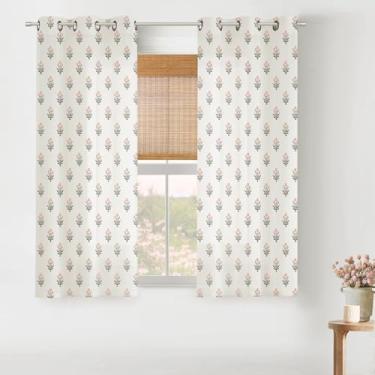 Imagem de Cortinas curtas rosa para janelas de cozinha, boho cortinas com estampa floral transparente para quarto meninas banheiro 113 cm de comprimento