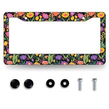 Imagem de Moldura de placa de licença de flores florais coloridas bela placa de licença acessório de aço inoxidável capa de placa de licença engraçada personalize a decoração com parafusos 31,2 cm x 16 cm para todos os tamanhos de veículos padrão