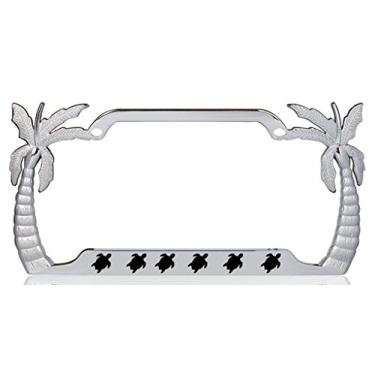 Imagem de Suporte de etiqueta de carro com moldura de placa de carro de metal cromado design de palmeira com bandeira de carro