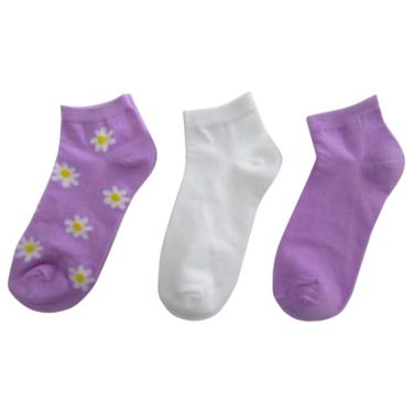 Imagem de Conjunto Meias Soquetes 3 Pares Estampada, Branca e Lilás Tamanho 34 ao 38 - Basic+