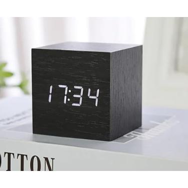 Imagem de Relógio Despertador Digital LED em Estilo Madeira – Compacto, com Alarme, Termômetro e Controle por Som – Ideal para Quarto ou Escritório (Preto)