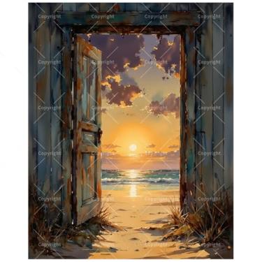Imagem de TAOPAOLAB Kit de pintura de paisagem do pôr do sol por números para adultos – DIY de porta aberta à praia, vista do pôr do sol, pintura em tela, 40 x 50 cm, conjunto de tinta acrílica, adequado para