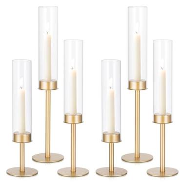 Imagem de Castiçal Gold Hurricane para casamento: Suporte de vela alto para mesa de vidro Candeldo para mesas de jantar conjunto de 6 decorações de suporte de velas de Natal
