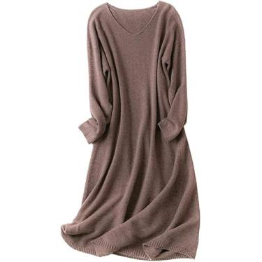 Imagem de Mulheres 100% Cashmere Vestido Outono Inverno Nova Malha V-neck Plus Size Pullover Cintura Alta Suéter De Lã, Deep Khaki, XL