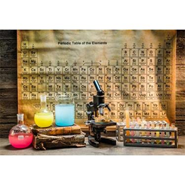 Imagem de Leyiyi 3 x 2 m Vintage Chemistry Lab pano de fundo rústico de madeira rústica estúdio rural químico microscópio elementos periódicos mesa fundo de foto cowboy crianças aniversário retrato estúdio