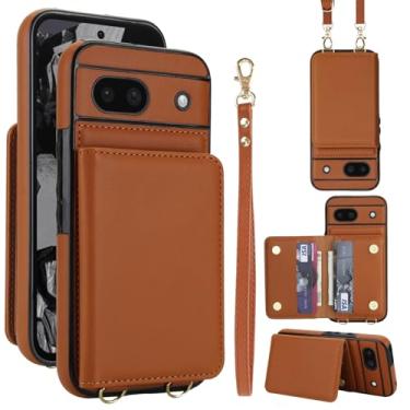 Imagem de Capa carteira de couro PU para celular Google Pixel 8A, 4 compartimentos para cartão e 2 compartimentos para dinheiro, bloqueio RFID, alça destacável, capa com suporte antiarranhões e à prova de