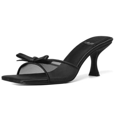 Imagem de Mostrin Salto gatinho feminino bico redondo com laço vintage mules sexy sem cadarço stiletto frente única sandálias para festa diária, Preto #03, 41