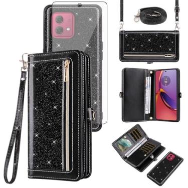 Imagem de Asuwish Capa de celular para Motorola Moto G84 5G Carteira com zíper destacável com protetor de tela de vidro temperado, alça transversal com cordão com glitter, compartimento para cartão G 84 2023
