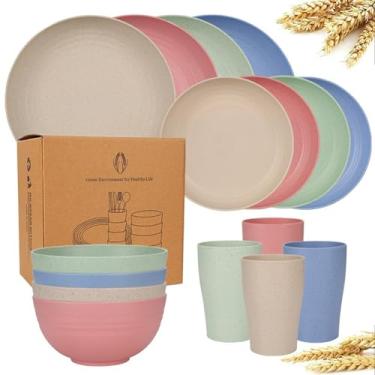 Imagem de Kit 16 Conjunto de louça de palha de trigo,4 Pratos, 4 Tigelas e 4 Copos,para Microondas, Lava,Louças e Freezer,Ideal para Famílias, Restaurantes e Piqueniques