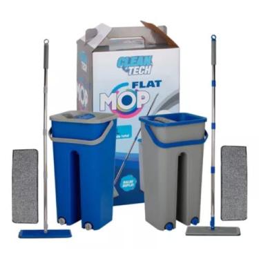 Imagem de Mop Flat Profissional com Balde Duplo Compartimento, 5L, 2 Refis de Microfibra, Cabo 120cm, Azul e Cinza