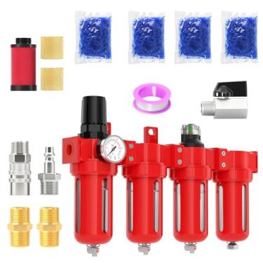 Imagem de MEANLIN Sistema de secagem de ar de alumínio NPT de grau industrial de 4 estágios de 1,27 cm, filtro coalescente, filtro de partículas duplo, secador dessecante e regulador de ar, dreno manual para