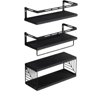 Imagem de Prateleiras de banheiro sobre vaso sanitário montadas na parede 3+1 prateleiras flutuantes de madeira rústica com moldura de metal e barra de toalha para banheiro, sala de estar, quarto e cozinha