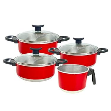 Imagem de Conjunto de Panelas com 3 Caçarolas + 1 Fervedor/Leiteira de Alumínio Esmaltado Vermelho com Tampas de Vidro e Cabos em Baquelite