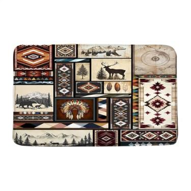 Imagem de LAEDCIITI Tapete de banho rústico cabana chalé urso veado fazenda animal selvagem campo caça acampamento natureza floresta ocidental asteca vintage tapete de banho geométrico, capacho absorvente