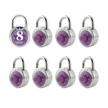 Imagem de ZonRo Locker Locks 3 dígitos código padrão combinação cadeado roxo placa giratória 5 cm de largura pacote com 8, pequena bagagem de viagem para trava de caixa, trava sem chave para mochila, academia
