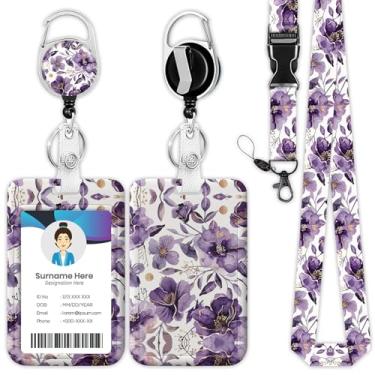 Imagem de Cordão de carretel de crachá de flor roxa, suporte de crachá de identificação floral de primavera, clipes retráteis para etiqueta de nome para médico, enfermeira, professor, escritório, estudante