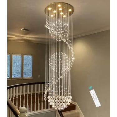 Imagem de cenozo Lustre de cristal D61 x A 192 cm para entrada de teto alto lustre glamoroso moderno grande lustres de gota de chuva luminárias LED reguláveis para escadas, hall de entrada, sala de estar