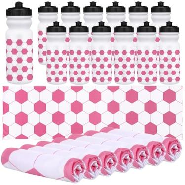 Imagem de SiliFine Pacote com 24 lembrancinhas de festa de futebol rosa para mulheres, meninas, 12 peças de garrafas de água esportivas de plástico de 590 ml, 12 peças, toalhas refrescantes de 101,6 x 30,5 cm