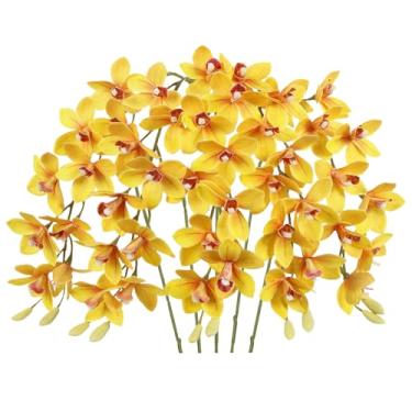 Imagem de IPOPU 5 peças de orquídeas artificiais amarelas que parecem verdadeiras orquídeas de látex de toque real, flores falsas para sala de estar, banheiro, cozinha, casamento e noivado