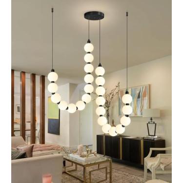 Imagem de Lustres modernos com luz LED regulável, bolas de acrílico, iluminação pendente de teto para sala de jantar, sala de estar, quarto, luzes suspensas ajustáveis, lâmpada preta de 45 watts