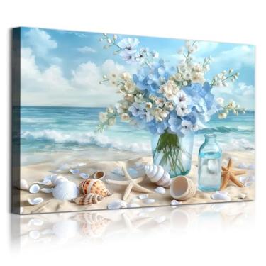 Imagem de Imagens florais de praia, paisagem marítima, arte de parede, verão, impressões costeiras, azul, branco, flor, pintura, concha, estrela-do-mar, fotos de flores costeiras, azul, praia, arte, arte de