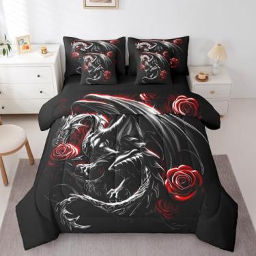 Imagem de Feelyou Conjunto de cama de dragão preto em uma bolsa, 7 peças, tamanho queen, rosa, com lençóis, vintage, para decoração de quarto de animais e adolescentes, 7 peças
