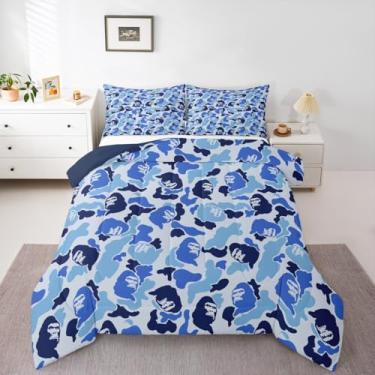 Imagem de Conjunto de edredom camuflado para todas as estações, com 1 fronha, microfibra camuflada, macaco, roupa de cama solteiro para caça, decoração de quarto, edredom azul e preto, respirável, macio e leve