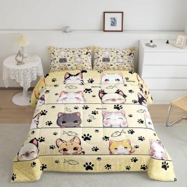Imagem de Manfei Conjunto de edredom com 3 peças, tamanho Queen, animais de estimação, decoração alternativa de quarto de adultos, adorável gato, microfibra ultramacia, enchimento interno, 3 peças