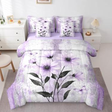 Imagem de Erosebridal Conjunto de cama casal com estampa de margaridas em aquarela com 7 peças, pintura a óleo abstrata, rústico, casa de fazenda, conjunto de edredom com lençol ombré, roxo, cinza, branco