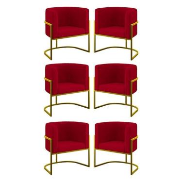 Imagem de Kit 06 Poltronas Lua Sala Decorativa Base De Ferro Gold Vermelho