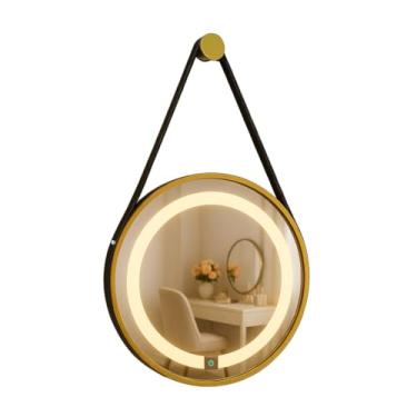 Imagem de ESPELHO ADNET ILUMINADO REDONDO 50CM DOURADO C/ALÇA PRETA TOUCH 2 LEDS 3000/6000K