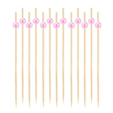 Imagem de 500 palitos de coquetel de 4,7 polegadas, palitos de bambu rosa para aperitivos espetos de bambu natural pérola coctail palitos ou bebidas, frutas, charcutaria, mini palhetas de comida de casamento