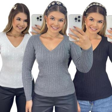 Imagem de Kit 3 Blusas FMF Femininas Suéter Malha Tricô Manga Longa-Feminino