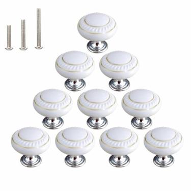 Imagem de HUAMULAN Pacote com 10 puxadores de cerâmica branca com puxador de armário redondo de cozinha simples círculo dourado, maçanetas de porta de gaveta de armário de base de liga de zinco, 3 parafusos de