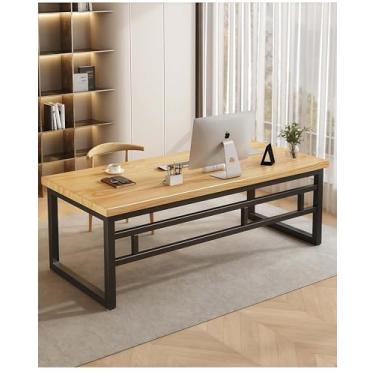Imagem de Mesa de computador moderna de madeira maciça, 39,4 x 23,6 polegadas, madeira natural com moldura de metal preto, mesa de 5 cm de espessura (cor de madeira de faia)