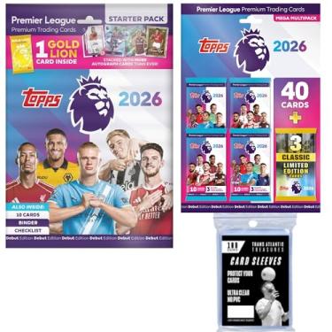 Imagem de Topps Premier League 25/26 Soccer Cards Starter Pack + Multipack + 100 Card Protectors, 54 Cards - 3 Classic Limited Edition Cards + Golden Lion Card