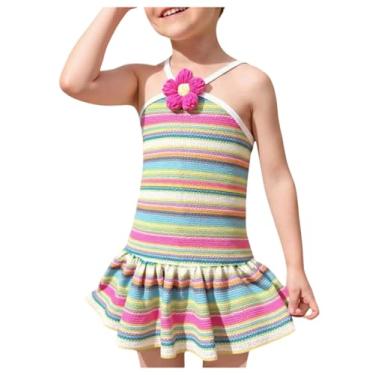 Imagem de WDIRARA Toddler Girl's 3D Floral Rainbow Striped Halter Dress Cute Sleeveless Ruffle Knit Birthday Dresses Multicolor 5Y