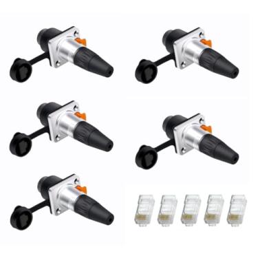 Imagem de Kit 5 Conector Ethercon Rj45 Keystone Ip65 Rede Fêmea Duplo Painel de Led Emenda Rack + Plug Rj45 Macho Xlr Net