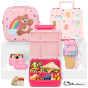 Imagem de HAWEEK Lancheira infantil com 5 compartimentos, pote e utensílio isolado para alimentos, recipiente para molhos, lancheira e copo dobrável de silicone, à prova de vazamento, livre de BPA e lavável na