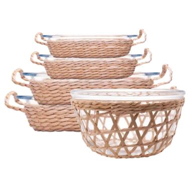 Imagem de Travessa e Assadeira Refratárias 5un Vidro com Suporte de Rattan Wolff