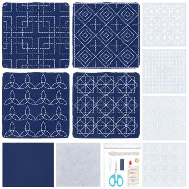 Imagem de FREEBLOSS Conjunto de 4 conjuntos de porta-copos Sashiko, conjunto de bordado com estênceis de PET, kit completo de Sashiko, inclui linha, agulhas, artesanato de costura manual de tecido para adultos