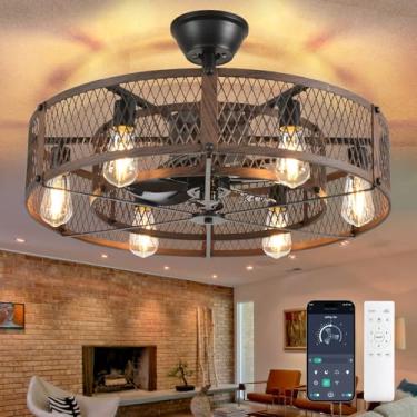 Imagem de Depuley Ventiladores de teto enjaulados com luz: Ventiladores de teto de nogueira de 66.0 cm com controle remoto - Lustre de casa de fazenda industrial com montagem embutida para cozinha pátio externo