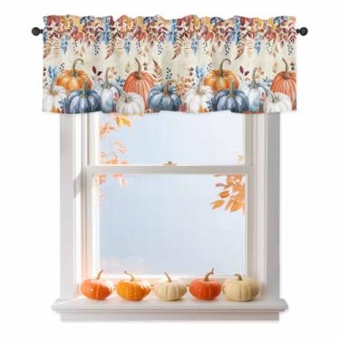 Imagem de Cortinas de janela para casa de fazenda, laranja, azul, abóbora, cozinha, sanefas, bolso para varão, dia de Ação de Graças, outono, tratamento de janela, cortinas curtas para banheiro, sala de estar