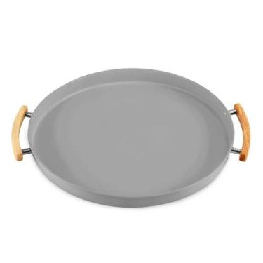 Imagem de Bandeja Redonda P/ Servir Suporte Base Metal Com Alça Bambu - OU, Cinz